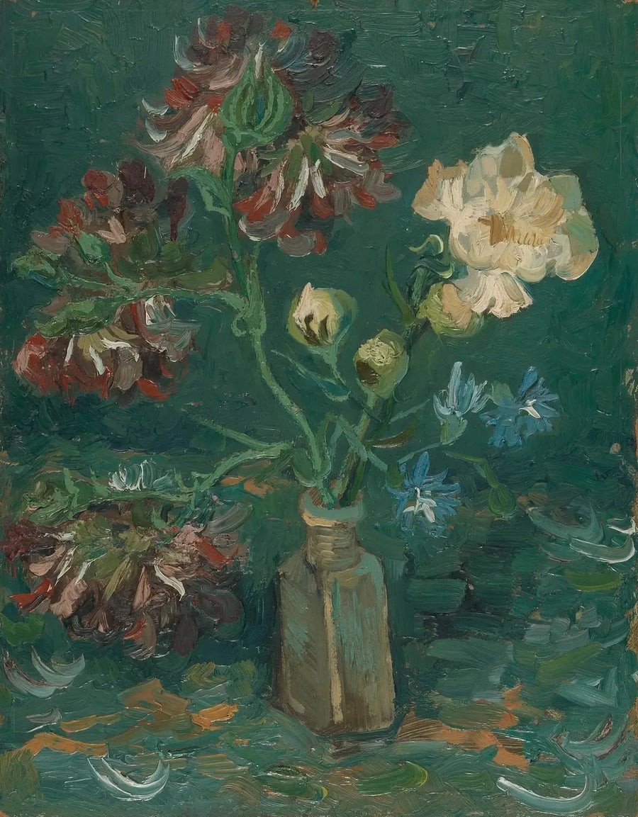 Pequeña botella con peonías y delphinios azules - Vincent van Gogh