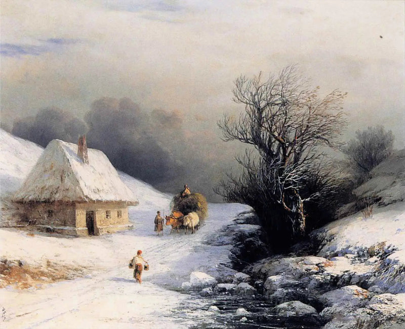 Pequeña carreta de bueyes rusa en invierno - Iván Aivazovski