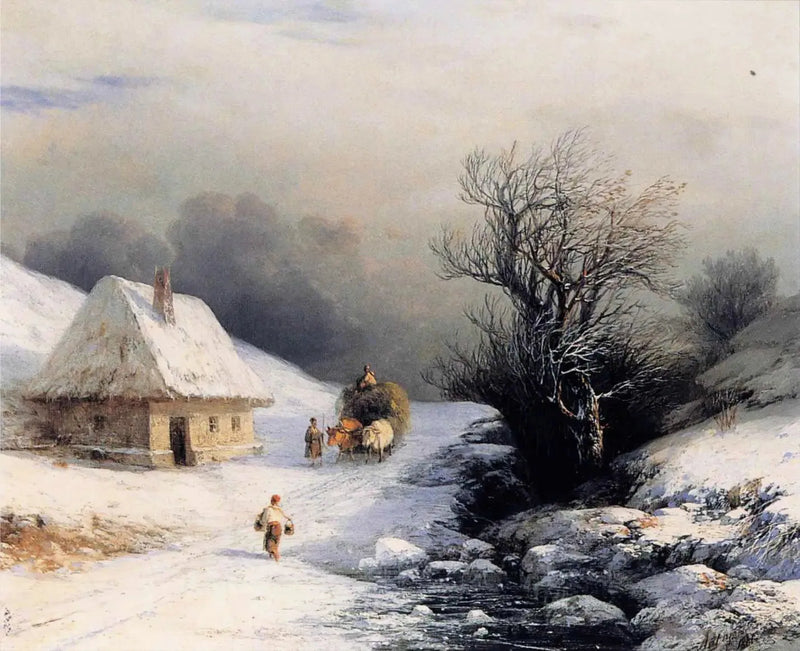 Pequeña carreta de bueyes rusa en invierno - Iván Aivazovski