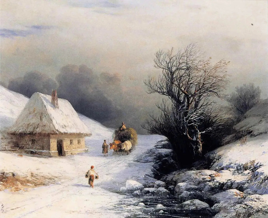 Pequeña carreta de bueyes rusa en invierno - Iván Aivazovski