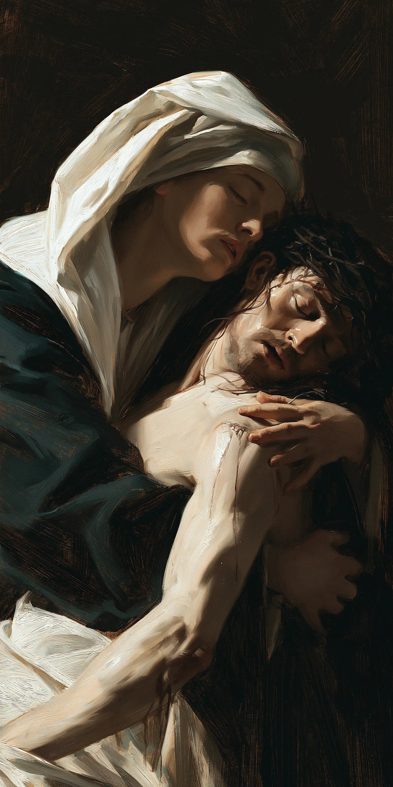 Pietà classique verticale intime en gris et bleu — Peinture à l’huile sur commande