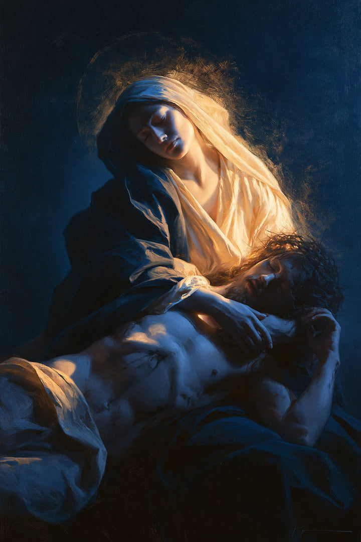 Pietà intime verticale bleu profond et or — Peinture à l’huile sur commande