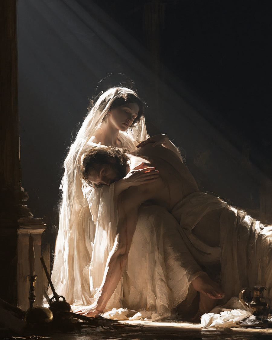 Pietà verticale sous un faisceau de lumière avec de larges drapés blancs