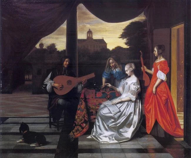 Joyeuse compagnie sur une terrasse avec une vue de la Mairie de Amsterdam, peinture de Pieter de Hooch