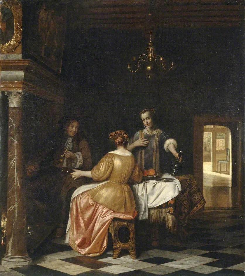 Intérieur avec un homme et deux dames conversant, peinture de Pieter de Hooch