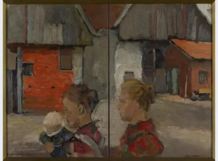 Picos traseros de edificios agrícolas con personajes - Piet Mondrian