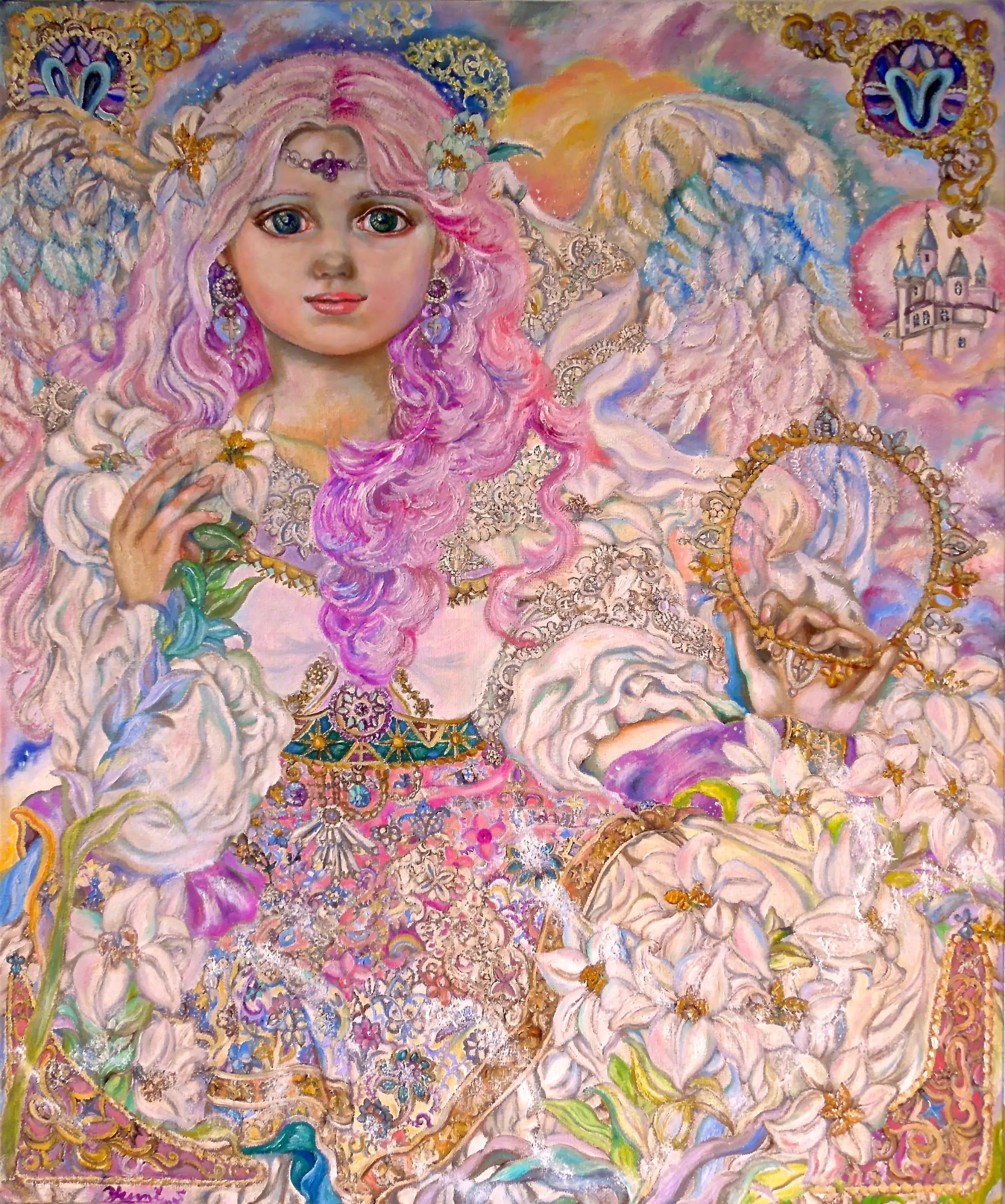 Pink lily flower angel - Yumi Sugai Reproductions de tableaux à la peinture à l’huile