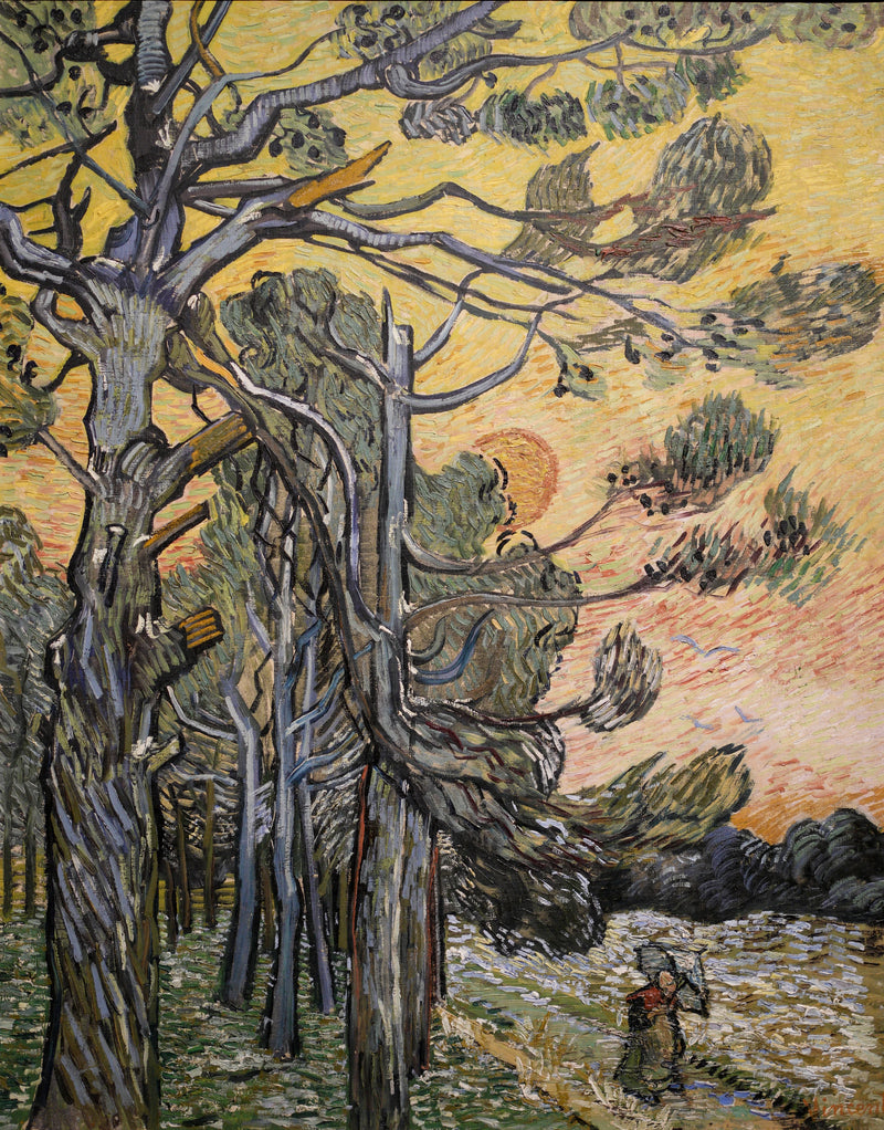 Clavos contra un cielo rojo con sol poniente - Vincent van Gogh