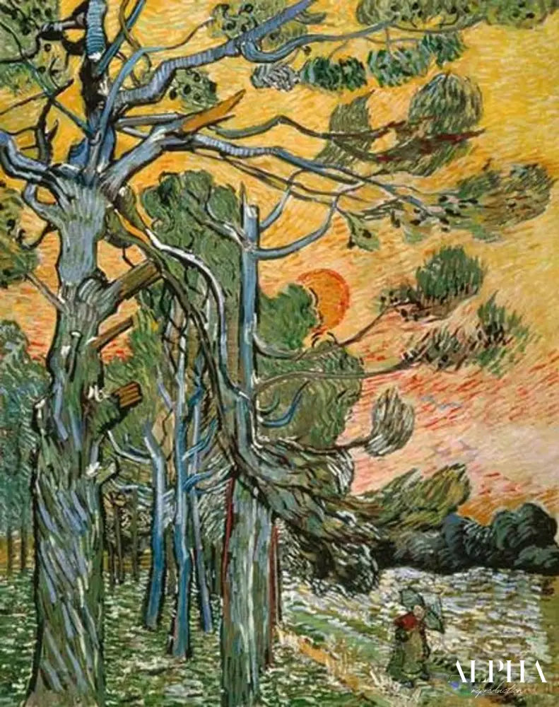 Pins sous le soleil couchant et le personnage féminin - Van Gogh - Reproductions de tableaux et peintures haut de gamme