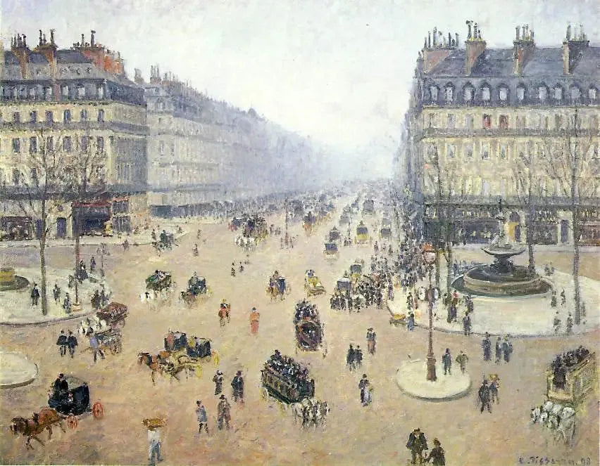 Plaza del Teatro Francés y la Avenida de la Ópera, tiempo brumoso - Camille Pissarro