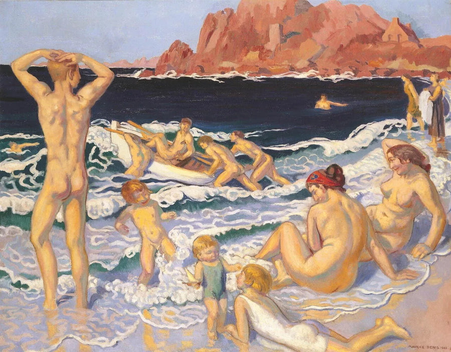 Playa con bote y hombre desnudo - Maurice Denis