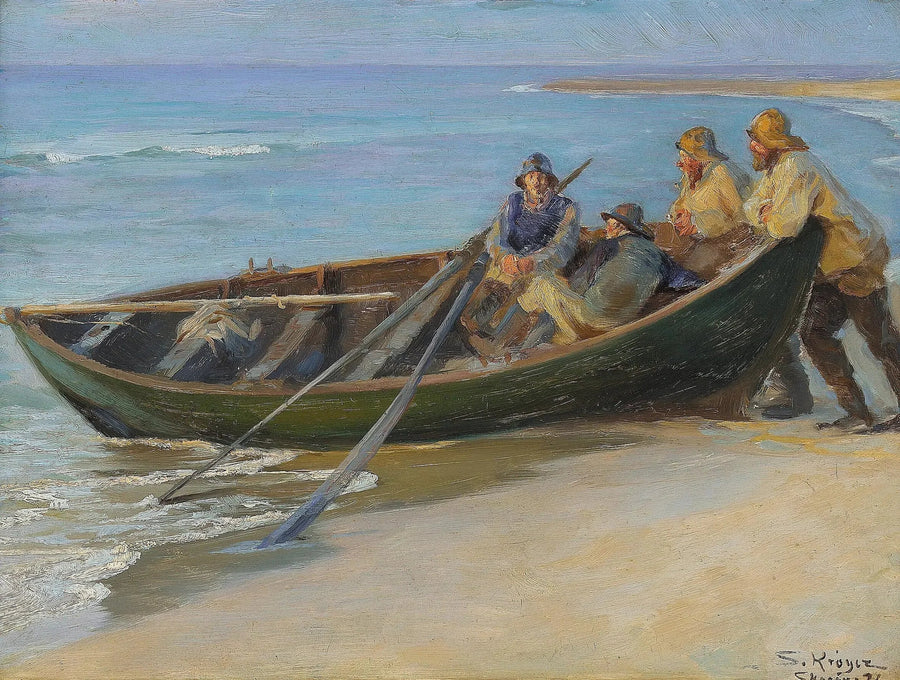 Playa norte de Skagen. Un barco verde junto al agua. Dos pescadores sentados en el barco, apoyados en los costados. En el interior, una caña y dos remos. - Peder Severin Krøyer