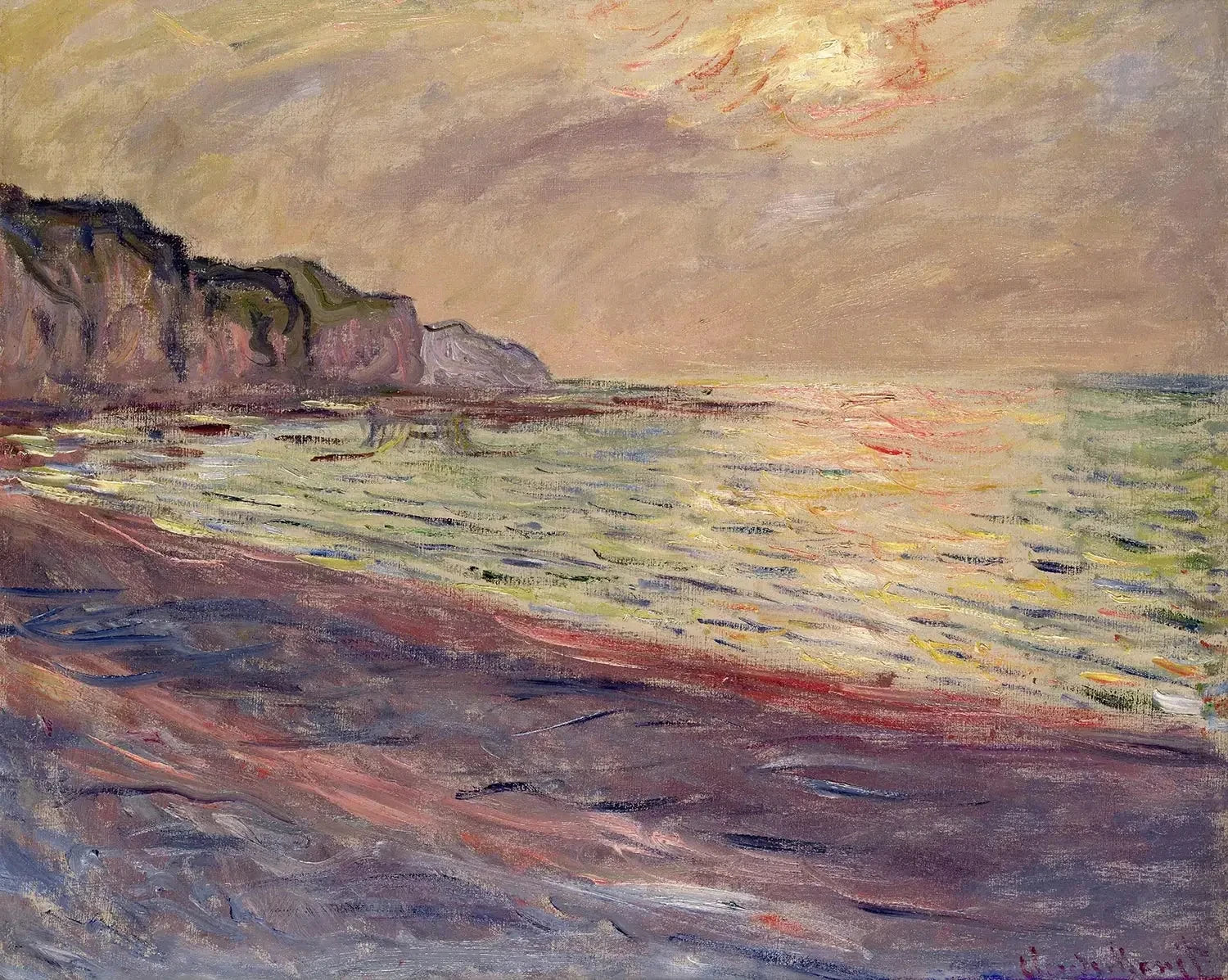 La Plage à Pourville soleil couchant W777 par Claude Monet