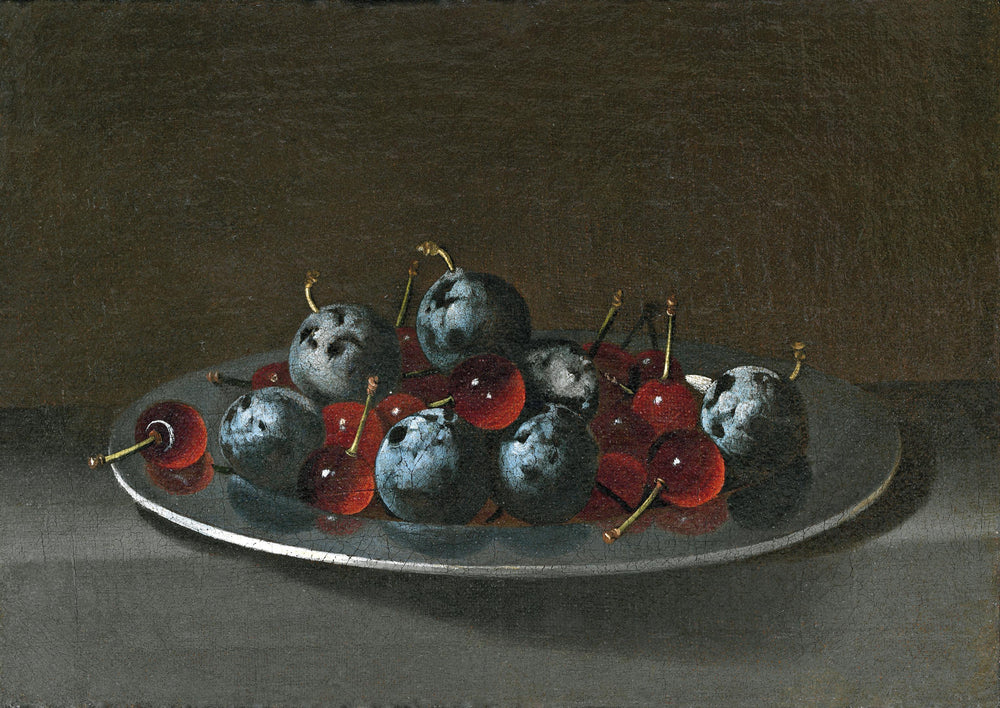 Plat avec pruneaux et cerises - Juan van der Hamen image 1 reproduction de peinture à l’huile