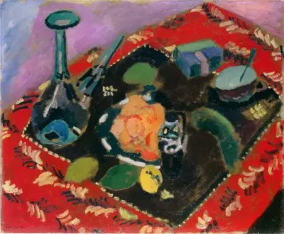 Platos y frutas sobre una alfombra roja y negra (La Alfombra Roja) - Henri Matisse