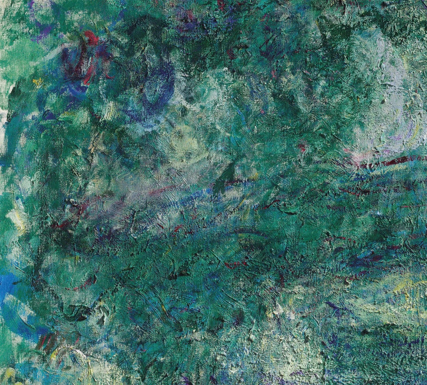 Détail des empâtements bleu vert et violets dans Le Pont japonais W1915 de Claude Monet