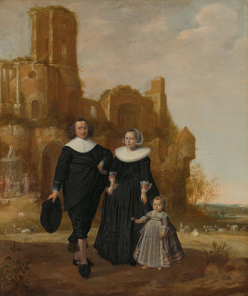 Portrait d'un couple avec un enfant dans un paysage - Herman Mijnerts Doncker