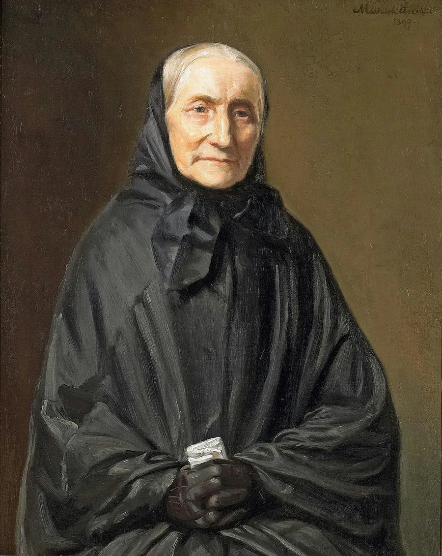 Retrato de Ane Hedvig Bründum con vestido negro, sentada con las manos juntas. -Michael Peter Ancher
