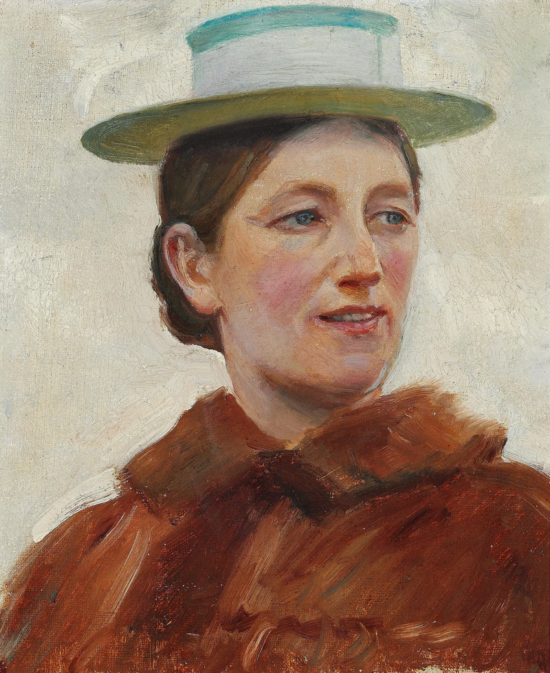 Retrato de Anna Ancher con un sombrero de paja de rayas verdes. -Michael Peter Ancher