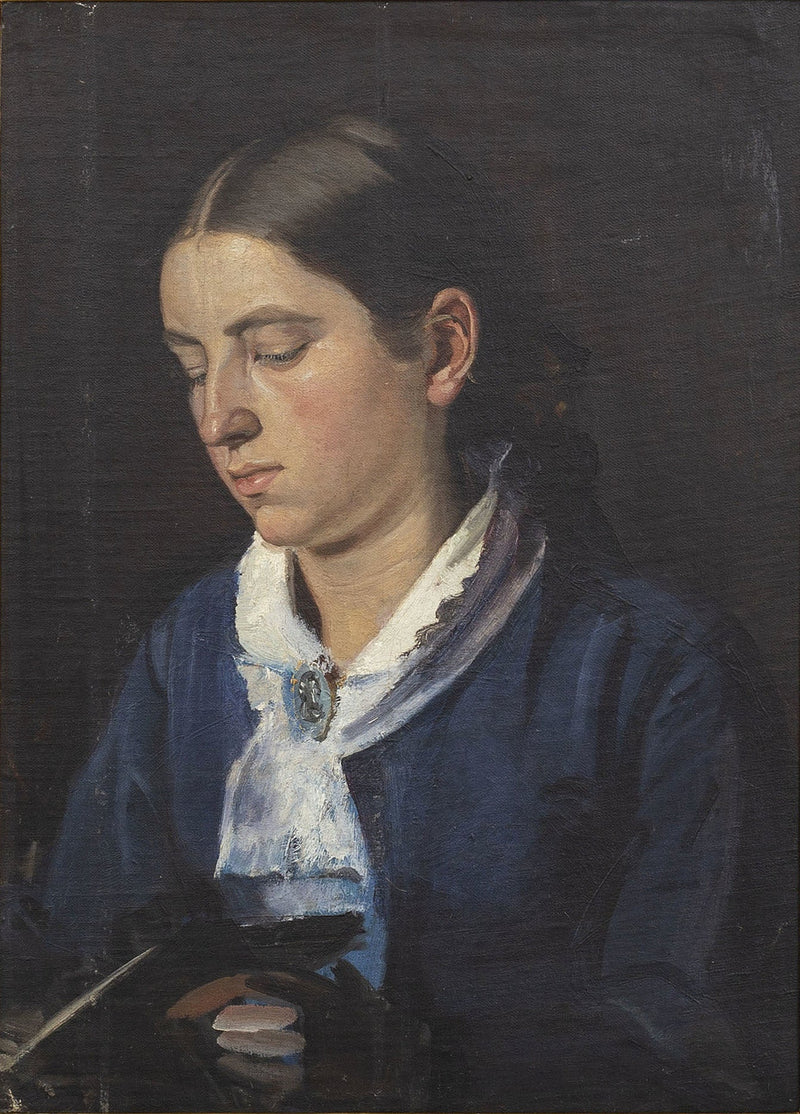Retrato de Anna Bründum con un vestido azul, leyendo. -Michael Peter Ancher