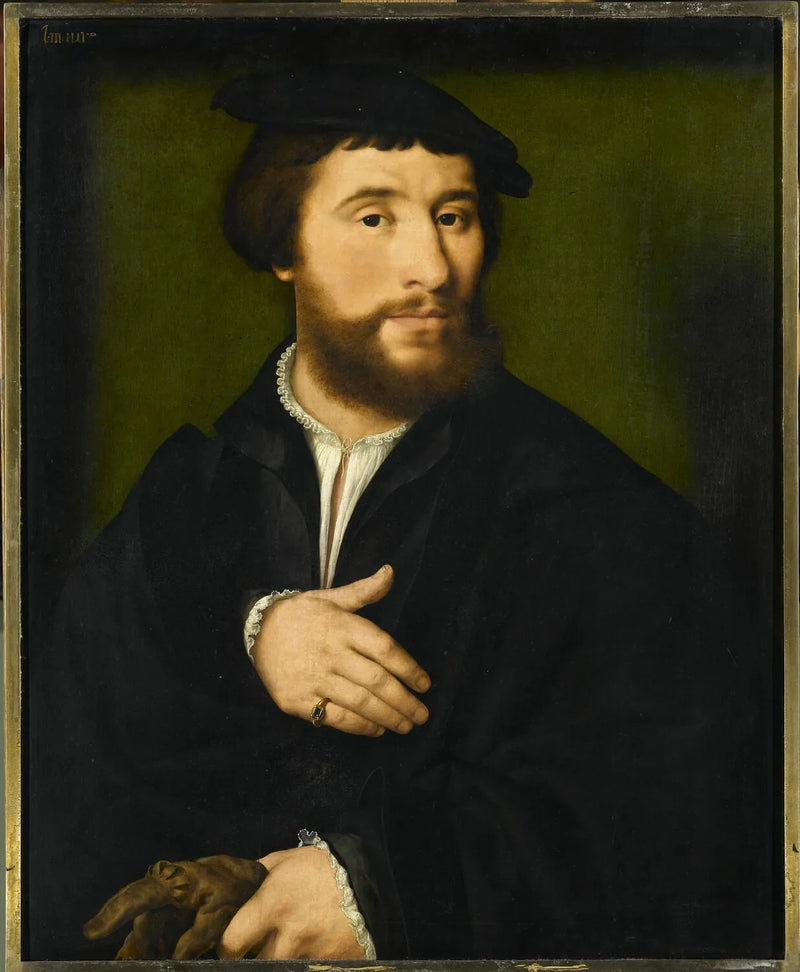 Retrato de un hombre vestido de negro y sosteniendo con una mano sus guantes - Joos van Cleve