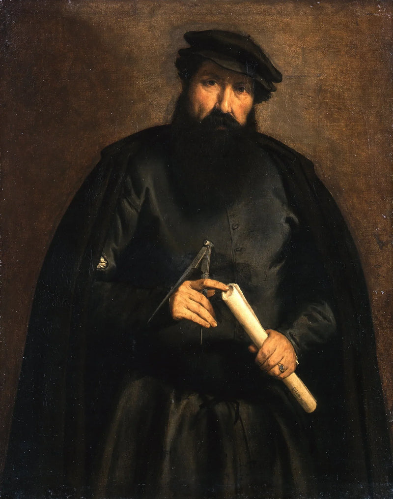Retrato de un hombre con un círculo y un rollo de papel - Lorenzo Lotto