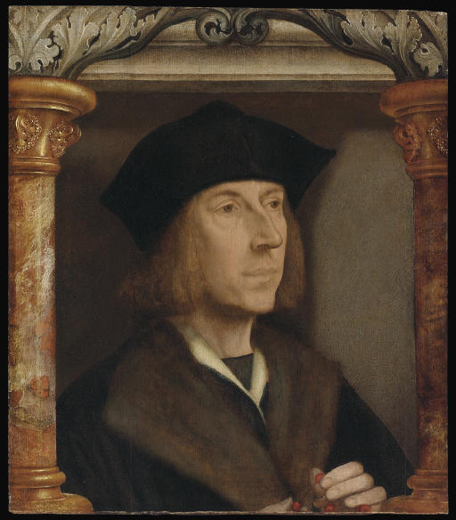 Retrato de un hombre, en busto, vestido con un abrigo forrado de piel, recitando un rosario, en un marco arquitectónico - Quentin Metsys