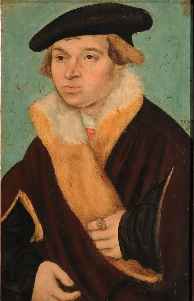 Retrato de un joven con barba de cerca en un abrigo con cuello de piel, luz - Lucas Cranach el Viejo
