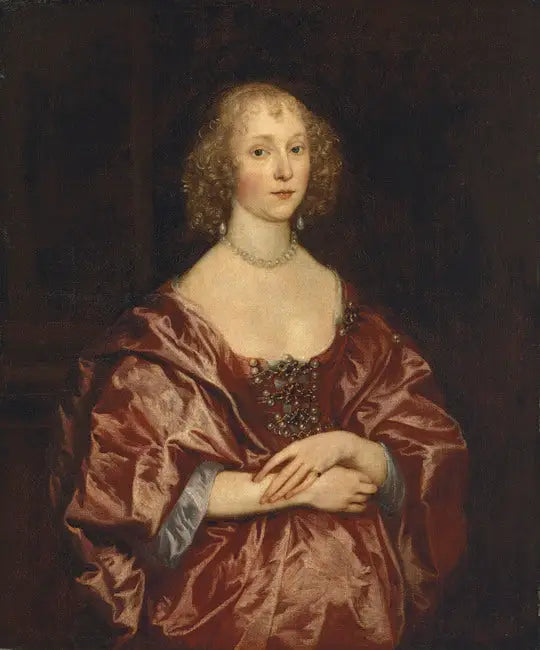 Retrato de una dama, a medio cuerpo, con vestido rojo bordado con perlas y diamantes - Antoine van Dyck