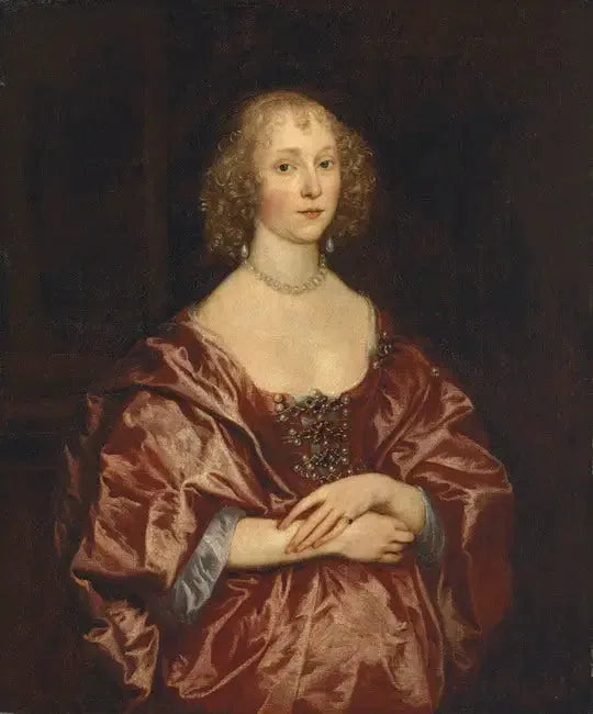 Retrato de una dama, a medio cuerpo, con vestido rojo bordado con perlas y diamantes - Antoine van Dyck