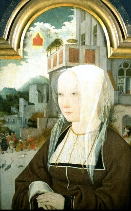 Portrait d'une dame, avec la Sibylle de Tibur annonçant la venue du Christ à l'empereur Auguste - Jan Mostaert