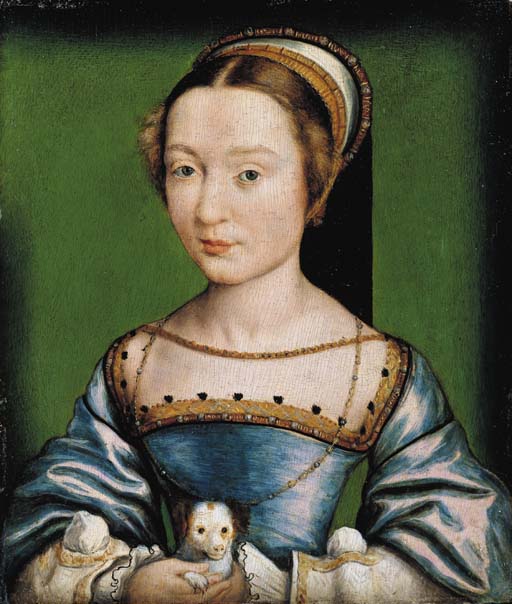 Portrait d'une dame tenant un chiot - Corneille de Lyon image 1 reproduction artisanale de tableau