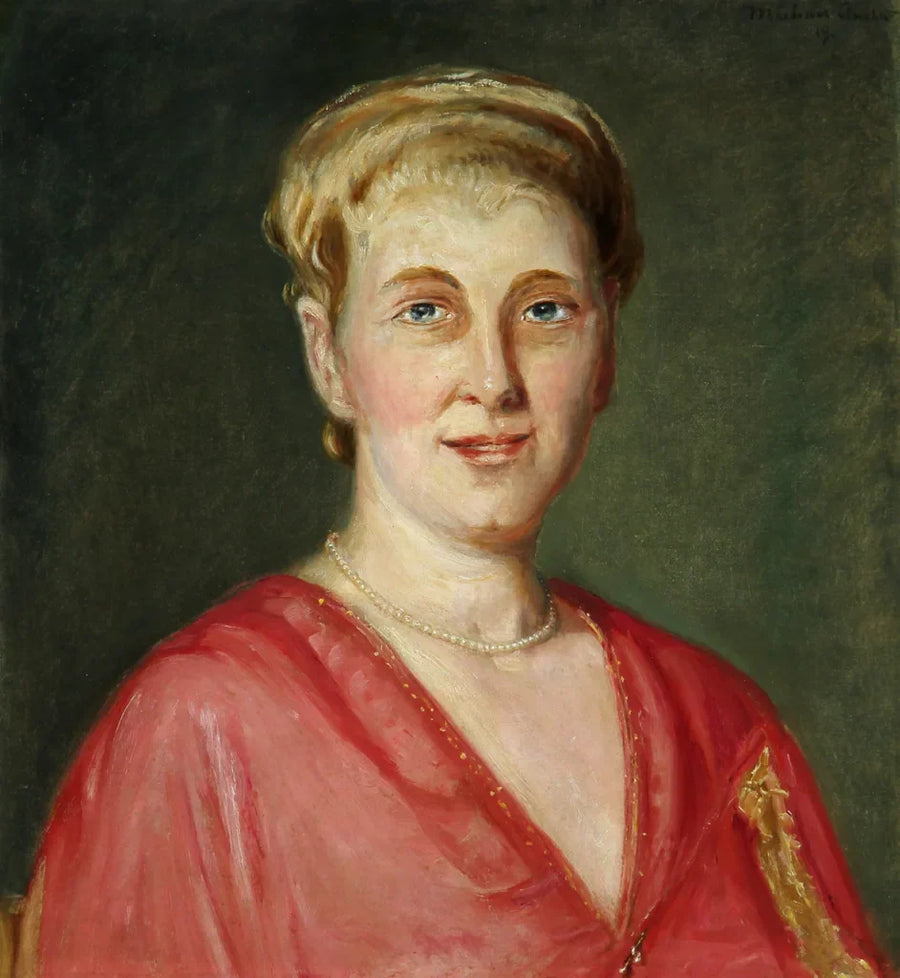 Retrato de una mujer rubia con un vestido rojo. - Michael Peter Ancher