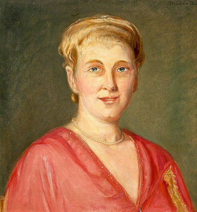 Retrato de una mujer con un vestido rojo y un collar de perlas. - Michael Peter Ancher