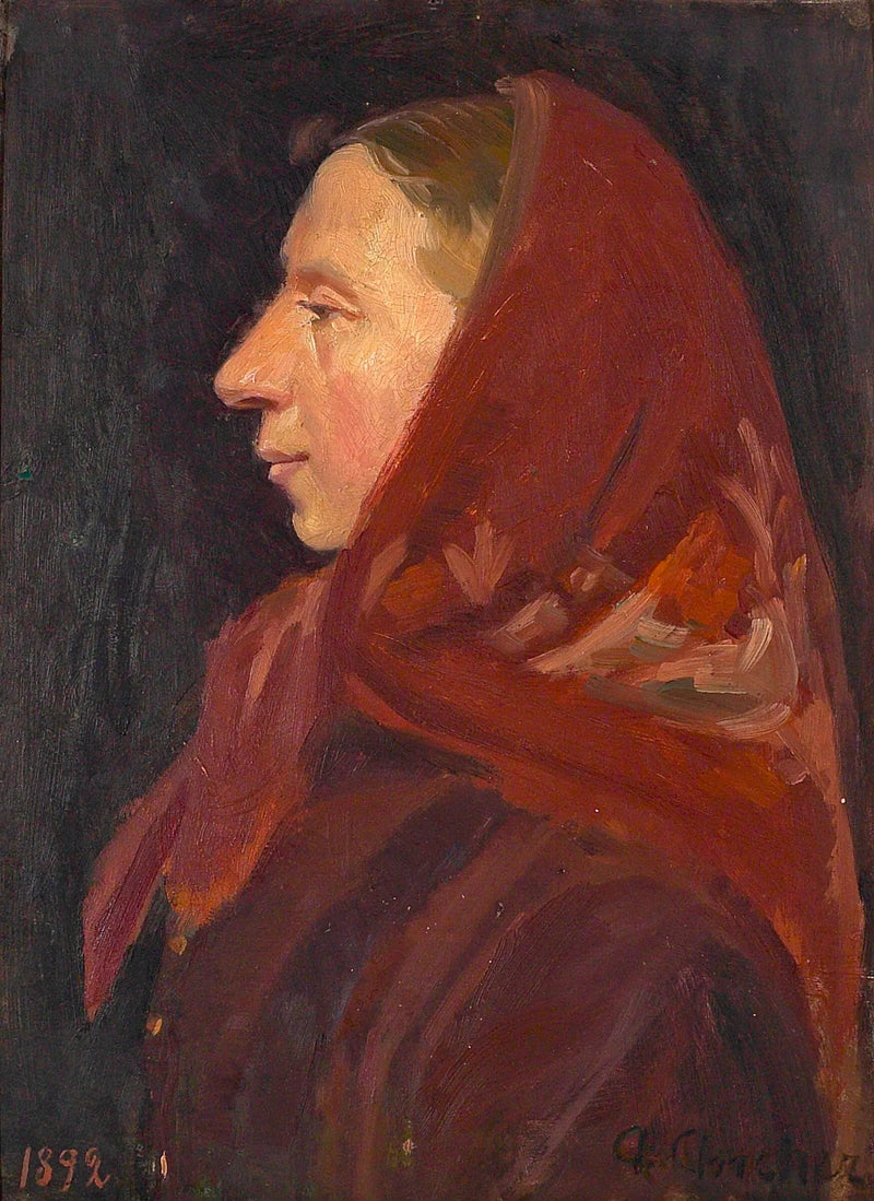 Retrato de una mujer con un pañuelo rojo en la cabeza. - Anna Ancher