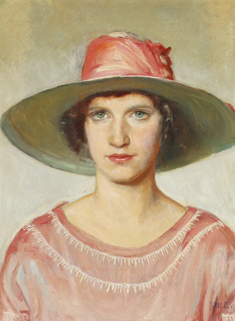 Retrato de una niña con un vestido rosa y un sombrero de paja adornado con una cinta rosa - Michael Peter Ancher