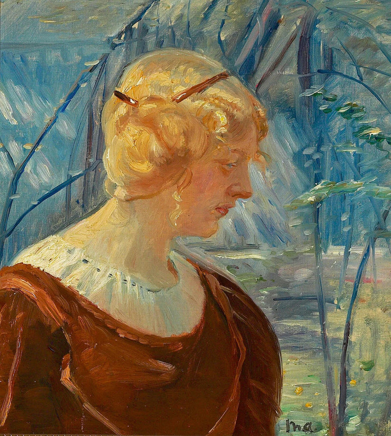 Retrato de una joven rubia en un jardín. - Michael Peter Ancher
