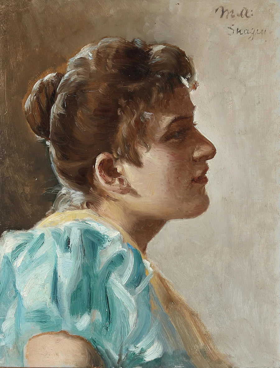 Retrato de una joven con un vestido amarillo y turquesa. - Michael Peter Ancher