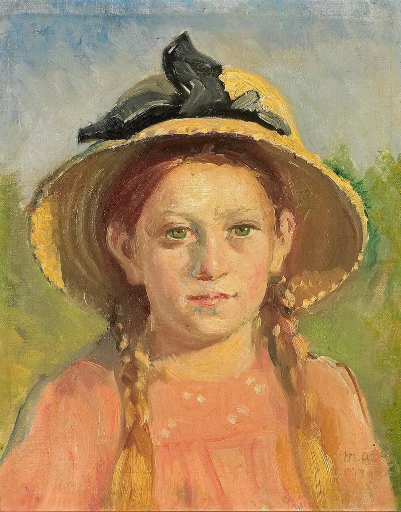 Retrato de una joven con cabello trenzado y un sombrero de paja adornado con una cinta azul. - Michael Peter Ancher