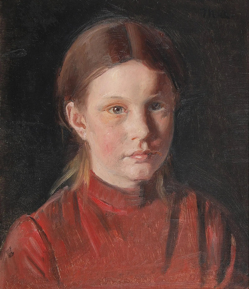 Retrato de una niña con un vestido rojo. - Michael Peter Ancher