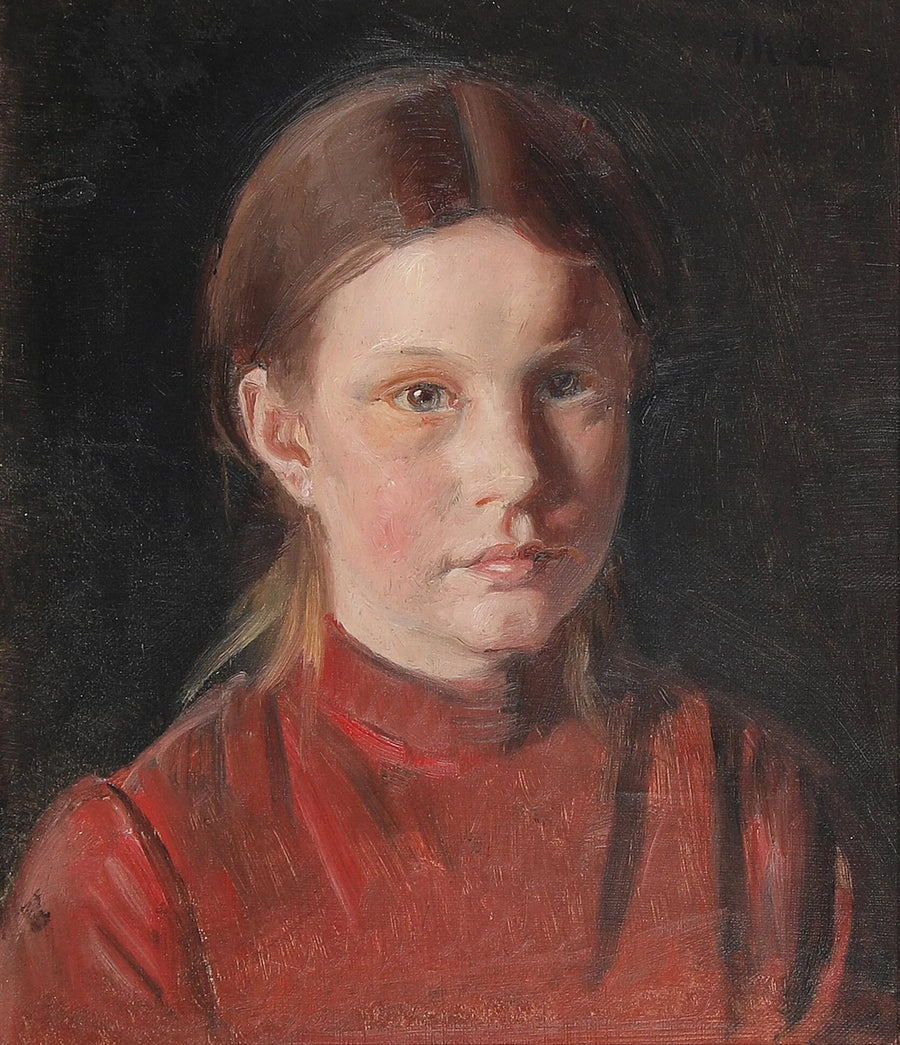 Retrato de una niña con un vestido rojo. - Michael Peter Ancher