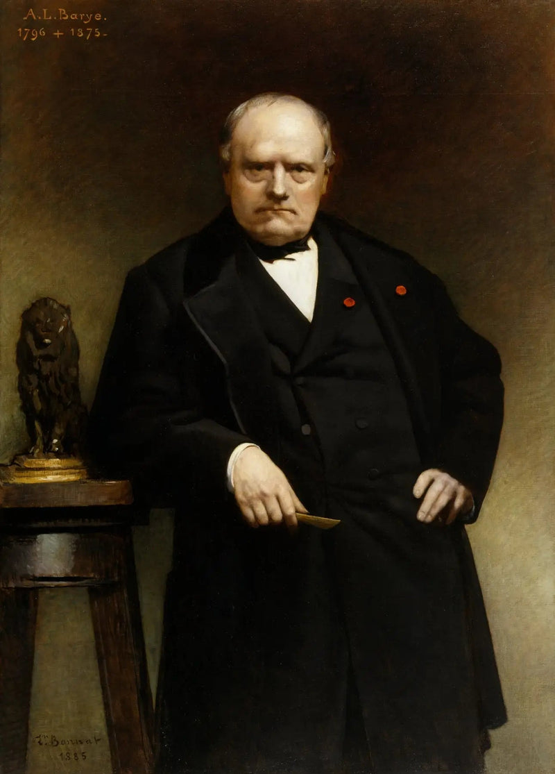 Retrato de Barye con un modelo de cera del « León sentado » - León Bonnat