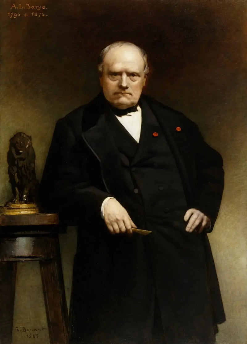 Retrato de Barye con un modelo de cera del « León sentado » - León Bonnat