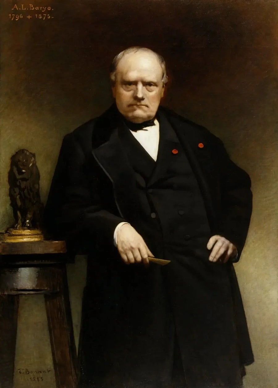 Retrato de Barye con un modelo de cera del « León sentado » - León Bonnat