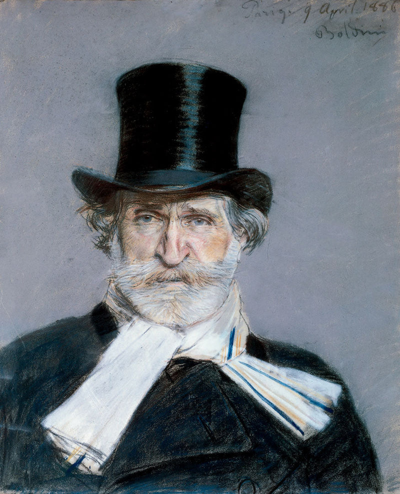 Retrato de Giuseppe Verdi con bufanda blanca y sombrero de copa - Giovanni Boldini