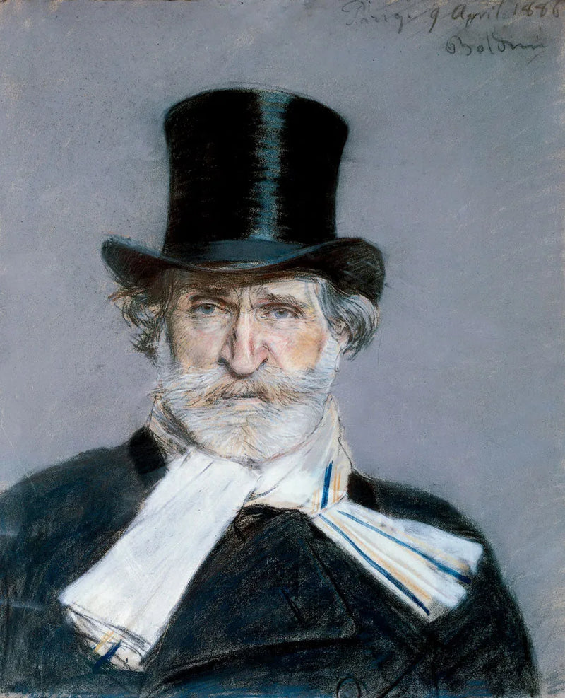 Retrato de Giuseppe Verdi con bufanda blanca y sombrero de copa - Giovanni Boldini