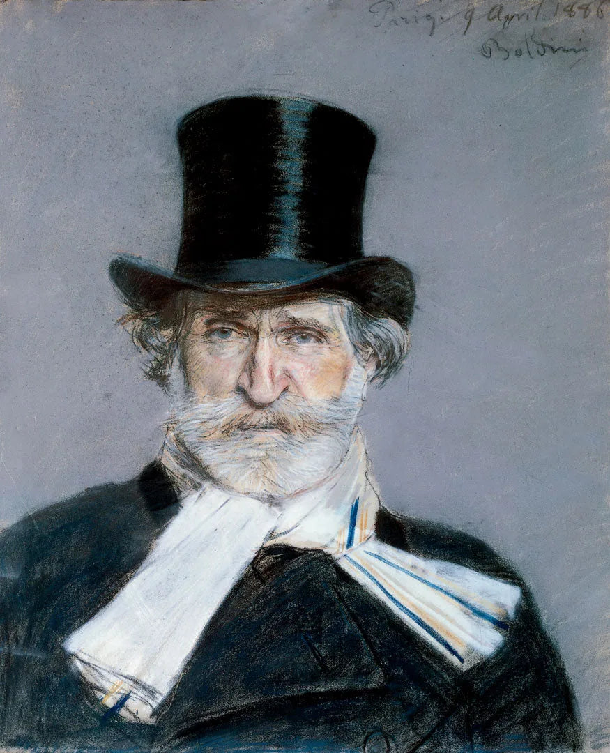 Retrato de Giuseppe Verdi con bufanda blanca y sombrero de copa - Giovanni Boldini