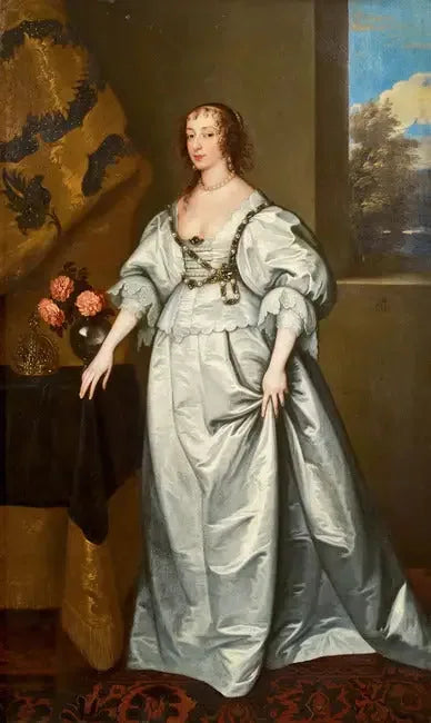 Retrato de la reina Henriette Marie de pie con un vestido de satén blanco - Antoine van Dyck