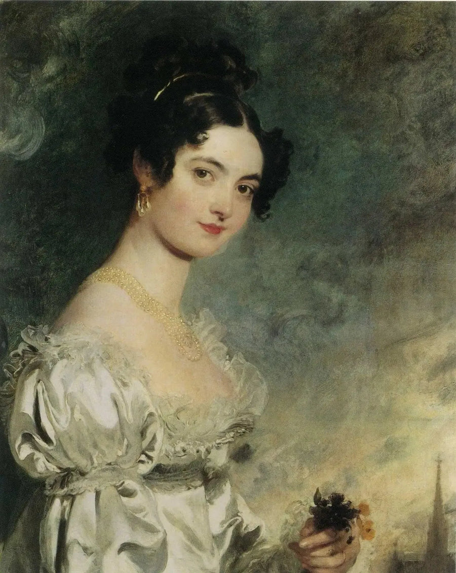 Retrato de Lady Selina Meade (1797–1872), a medio cuerpo, con un vestido de satén marfil, con la flecha de la catedral de San Esteban en Viena, más allá - Thomas Lawrence