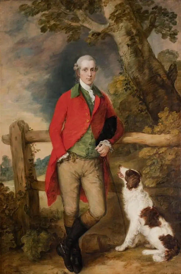 Retrato de Robert Thistlethwayte de Norman Court, de pie, vestido con un abrigo rojo, un chaleco verde y pantalones chamois, sosteniendo una lata, apoyado contra una cerca, un spaniel a su lado - Thomas Gainsborough